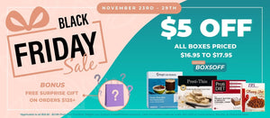   Black Friday promotional image featuring a teal background with large text saying “$5 Off all boxes priced $16.95–$17.95,” November 23–29 date range, and the code BOX5OFF. Includes illustrations of a gift bag with question marks and several protein products from Proti-Thin, ProtiDiet, Weight Loss Systems, and HealthSmart. 