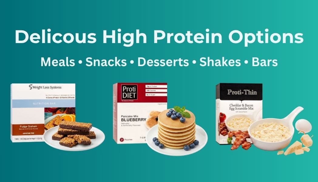 Promotional image of high protein meals, snacks, desserts, shakes, and bars with Proti-Thee packaging on a teal background.