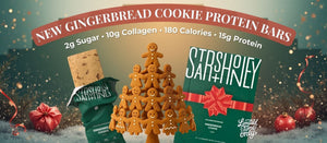   Gingerbread cookie protein bars with packaging and holiday decorations on a festive background 