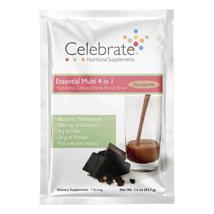 Celebrate Vitamins - Essential Multi 4 in 1 - Chocolate Milk - Multivitamin, Calcium & Protein Shake - Single Serving