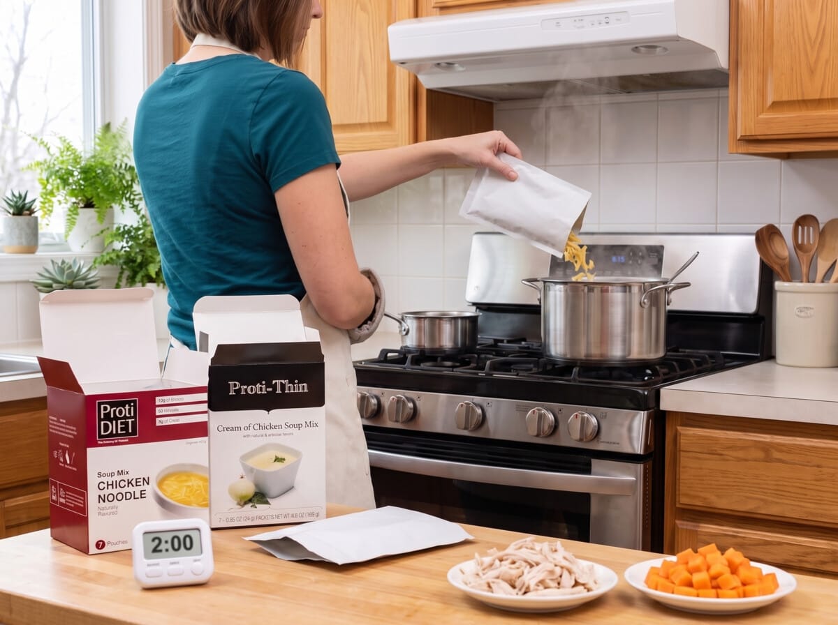 Step 3: pouring the chicken noodle soup mix into the pot, a timer reading 2:00 on the counter