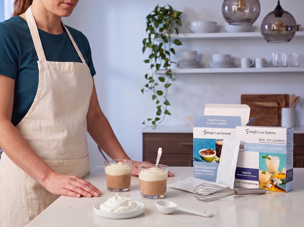 Two clear cups of dark chocolate mousse under vanilla mousse, whipped topping and Weight Loss Systems boxes behind