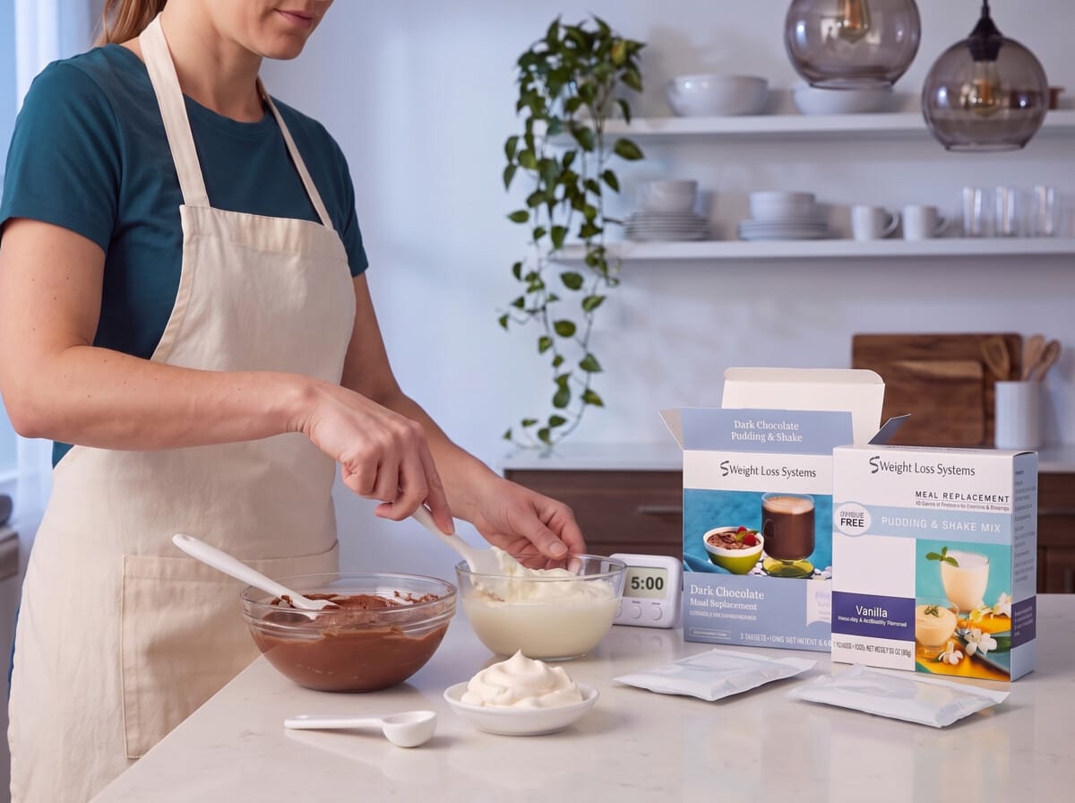 Step 4: folding whipped topping into the vanilla pudding with a spatula, a timer reading 5:00 behind