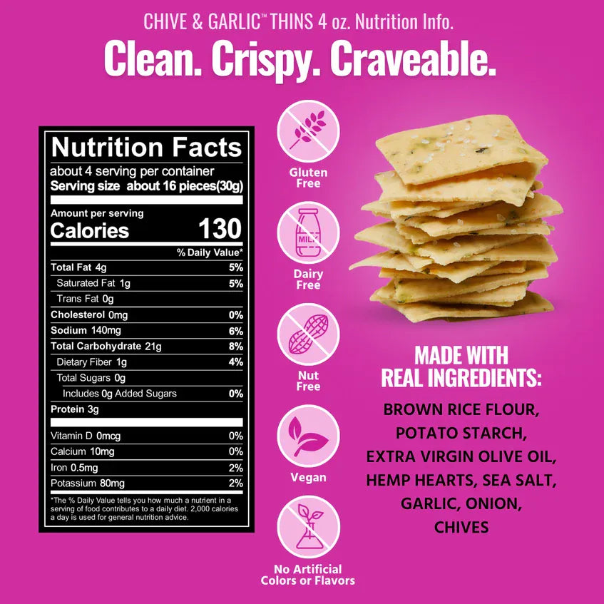 Every Body Eat Snack Thins | Chive & Garlic | 1 Bag of 4 Servings - Nashua Nutrition
