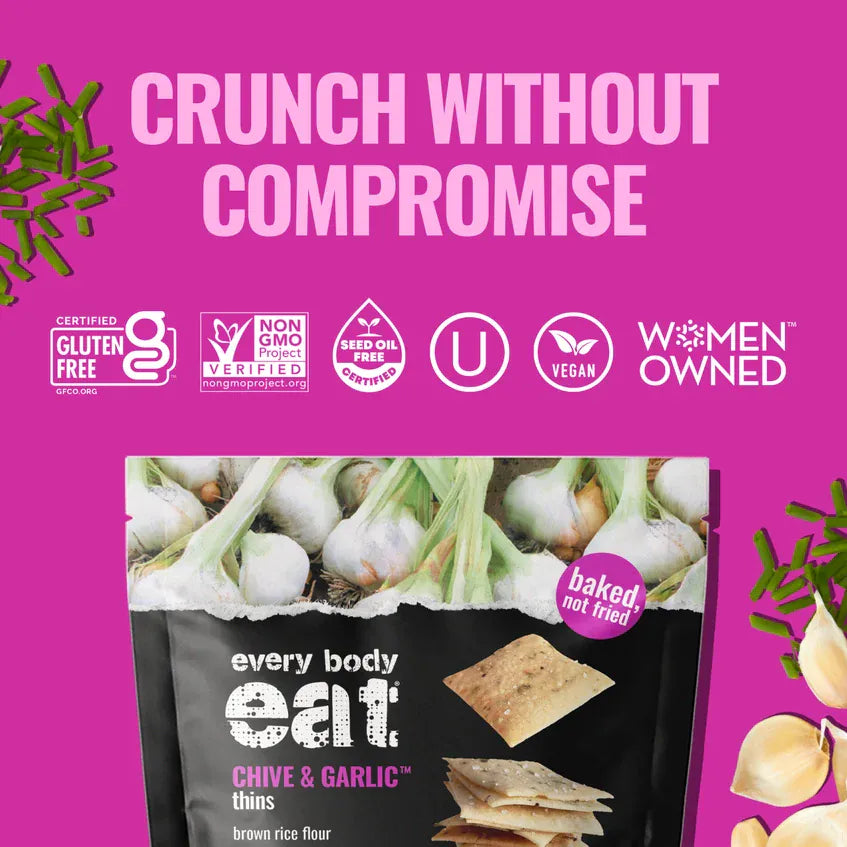 Every Body Eat Snack Thins | Chive & Garlic | 1 Bag of 4 Servings - Nashua Nutrition