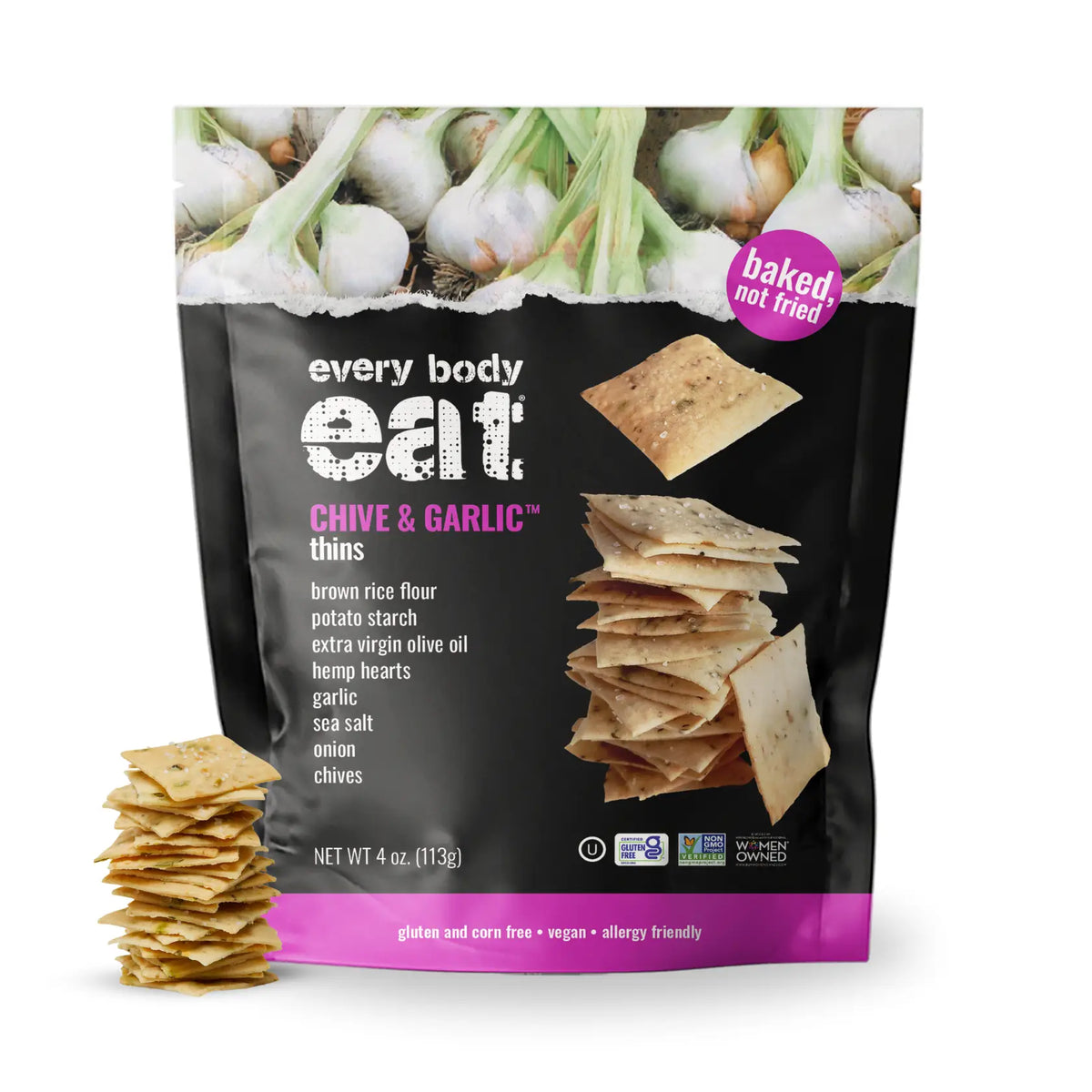 Every Body Eat Snack Thins | Chive & Garlic | 1 Bag of 4 Servings - Nashua Nutrition