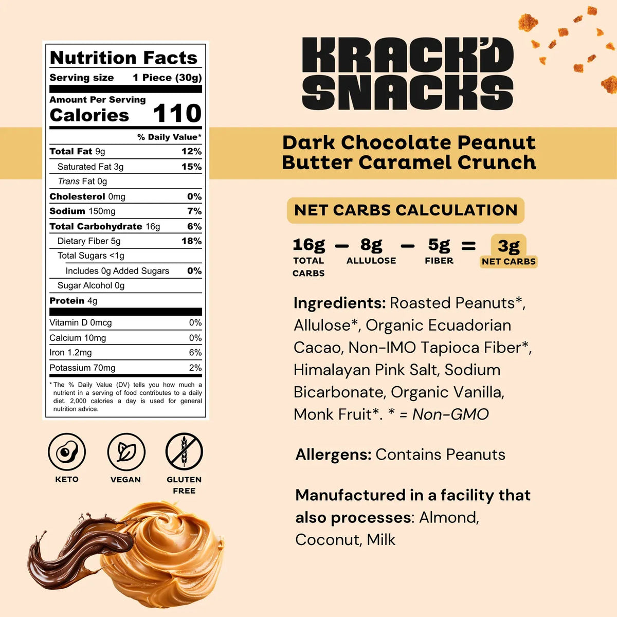 Krack'd Snacks - Protein Candy Bar - Peanut Butter Caramel Crunch  (1 Bar or Box of 5) - Nashua Nutrition