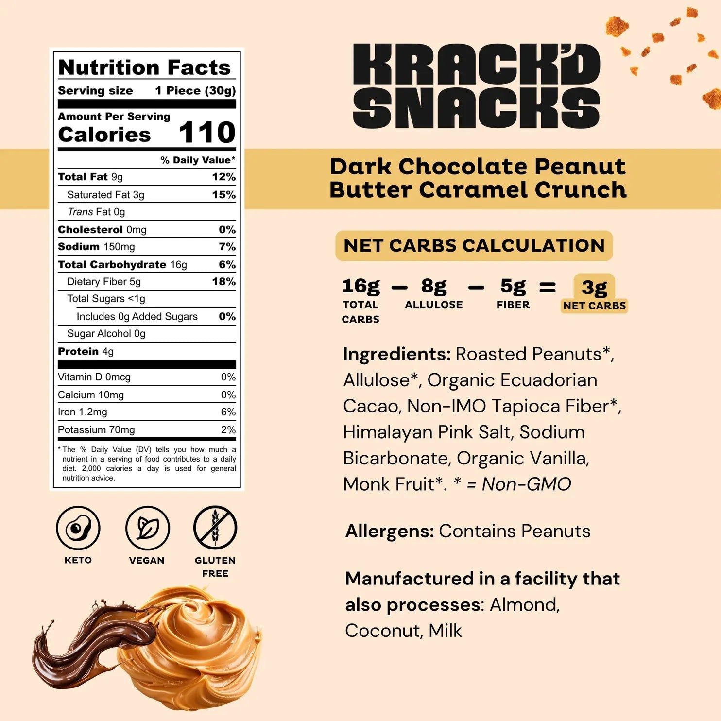 Krack'd Snacks - Protein Candy Bar - Peanut Butter Caramel Crunch  (1 Bar or Box of 5) - Nashua Nutrition