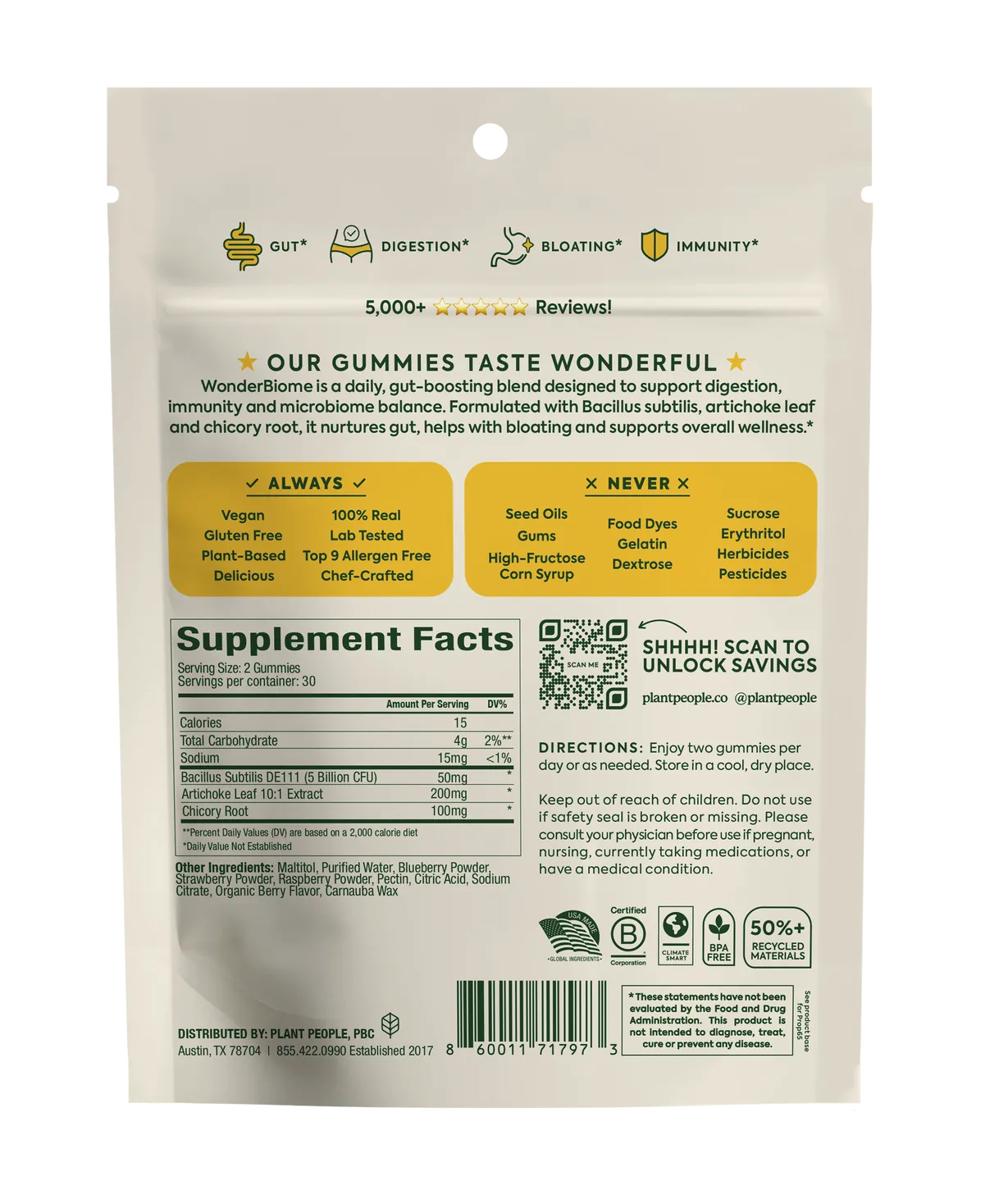Plant People Wonder Biome Pre and Probiotic Gummies - Mixed Berry - 60ct - Nashua Nutrition