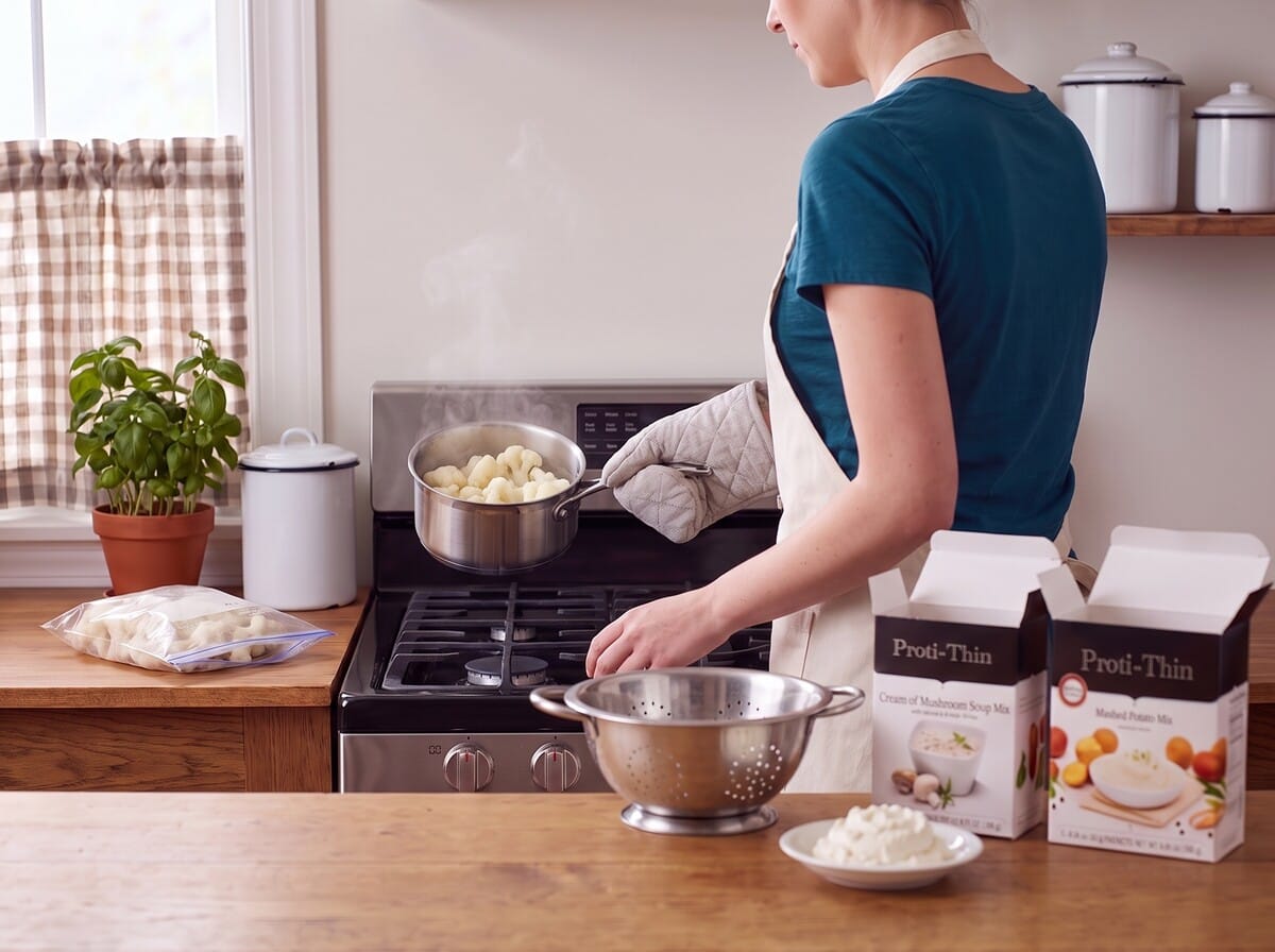 Step 2: lifting the pot of cooked cauliflower off the burner, a colander waiting on the counter