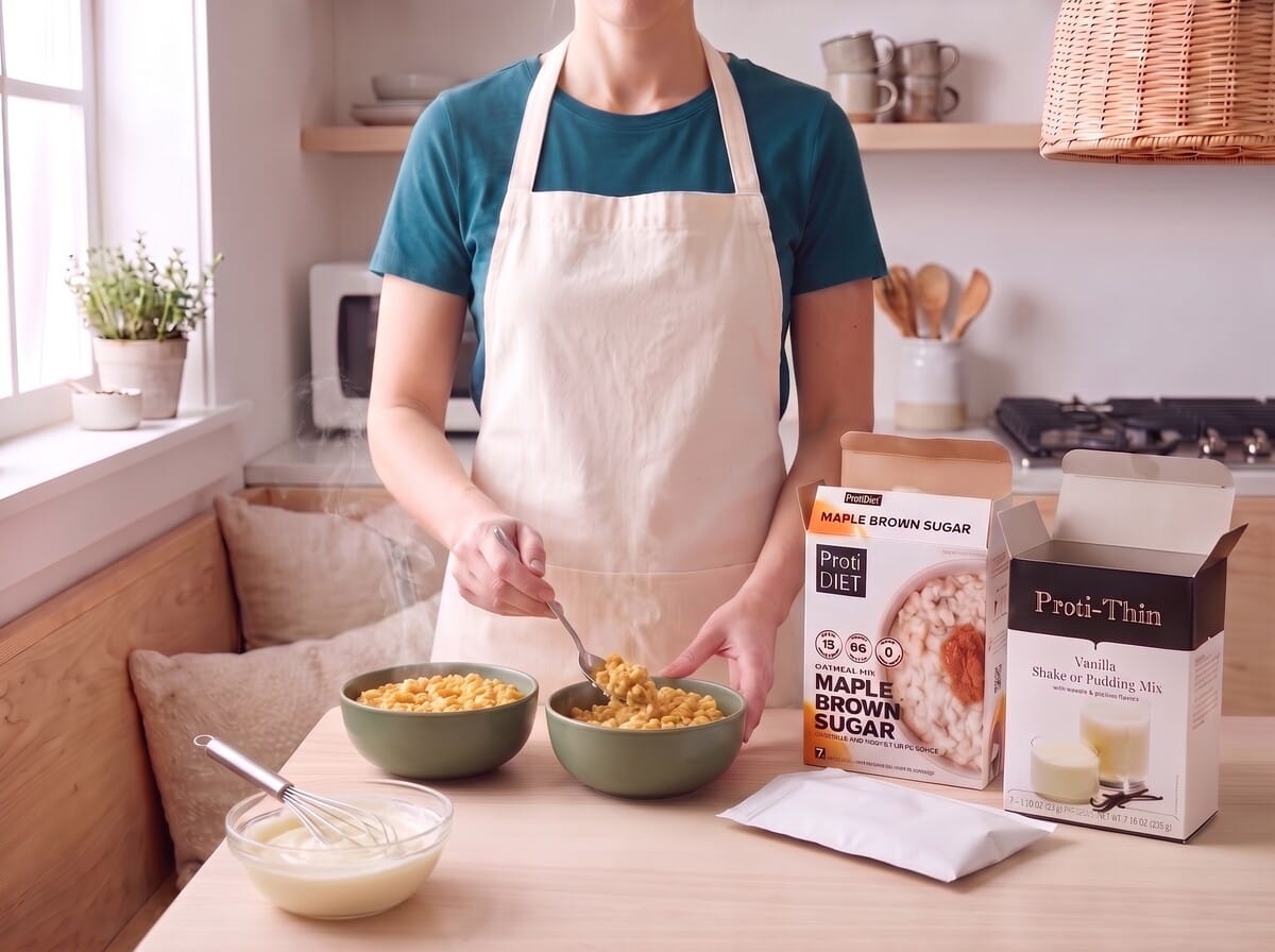 Step 4: spooning the pumpkin oatmeal into a second green bowl