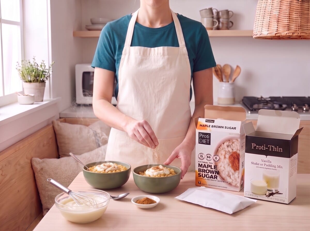 Step 5: sprinkling pumpkin pie spice over two bowls of oatmeal topped with vanilla cream