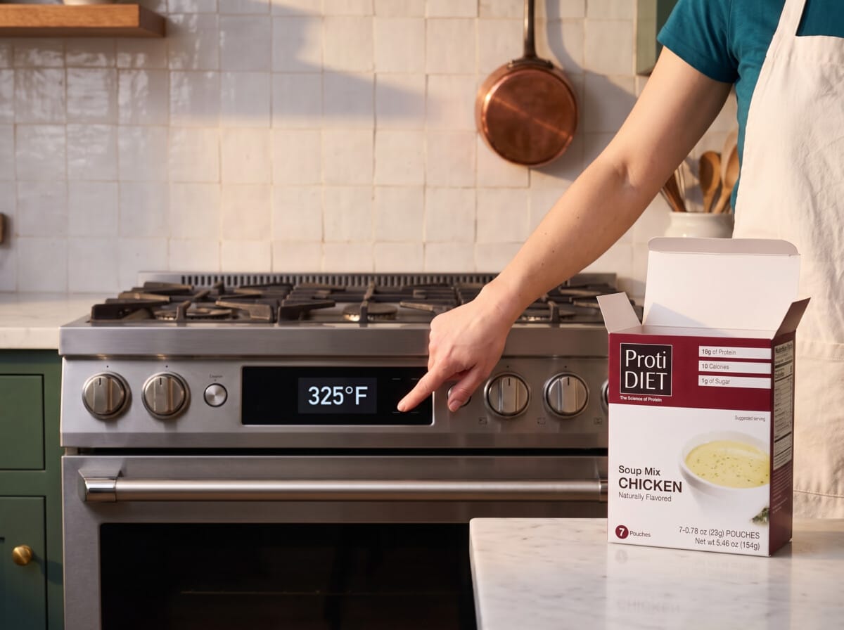 Step 1: a finger setting an oven display to 325°F, an open ProtiDiet chicken soup box on the counter