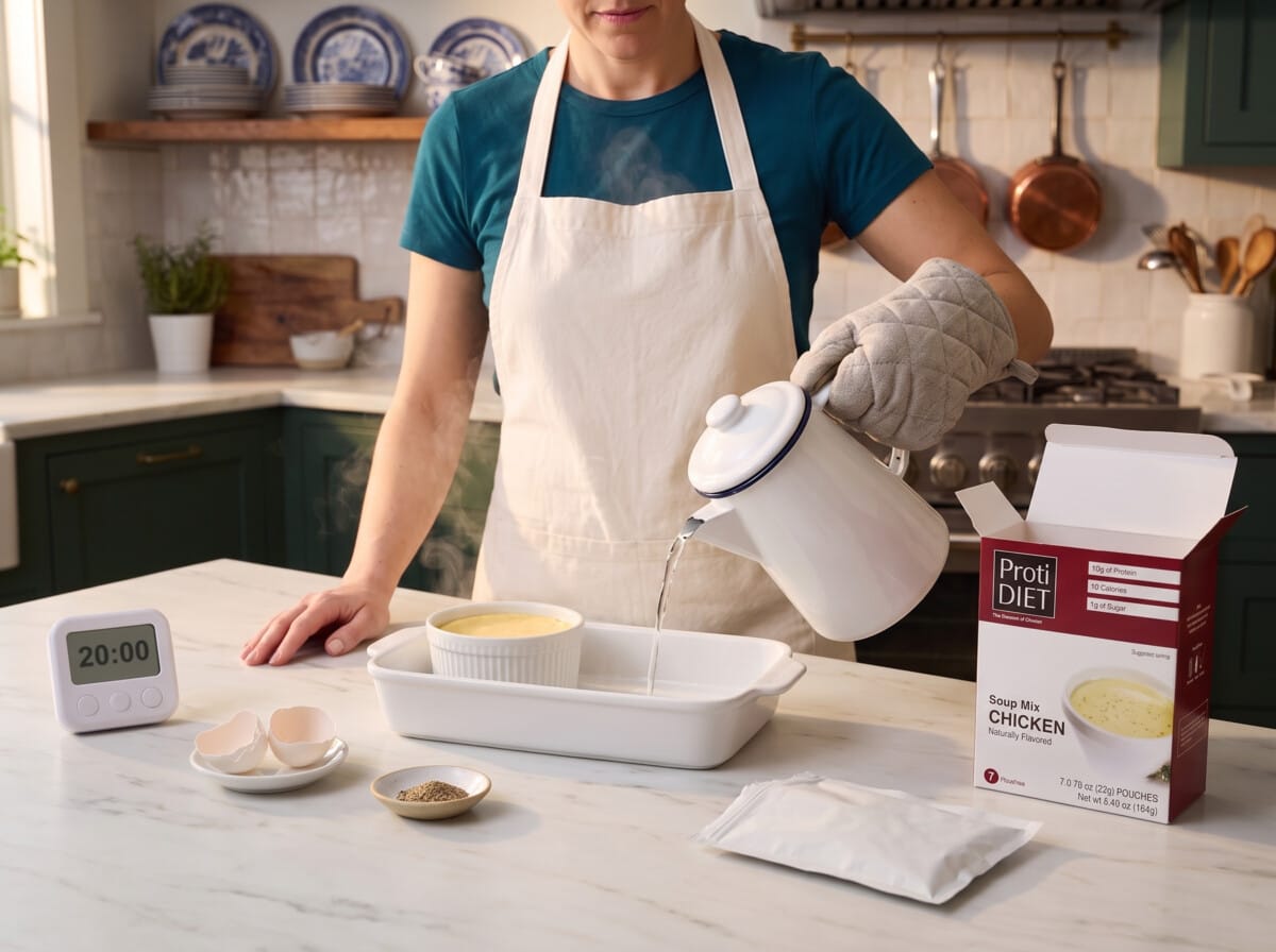 Step 4: pouring hot water from a kettle into a baking dish around the filled ramekin