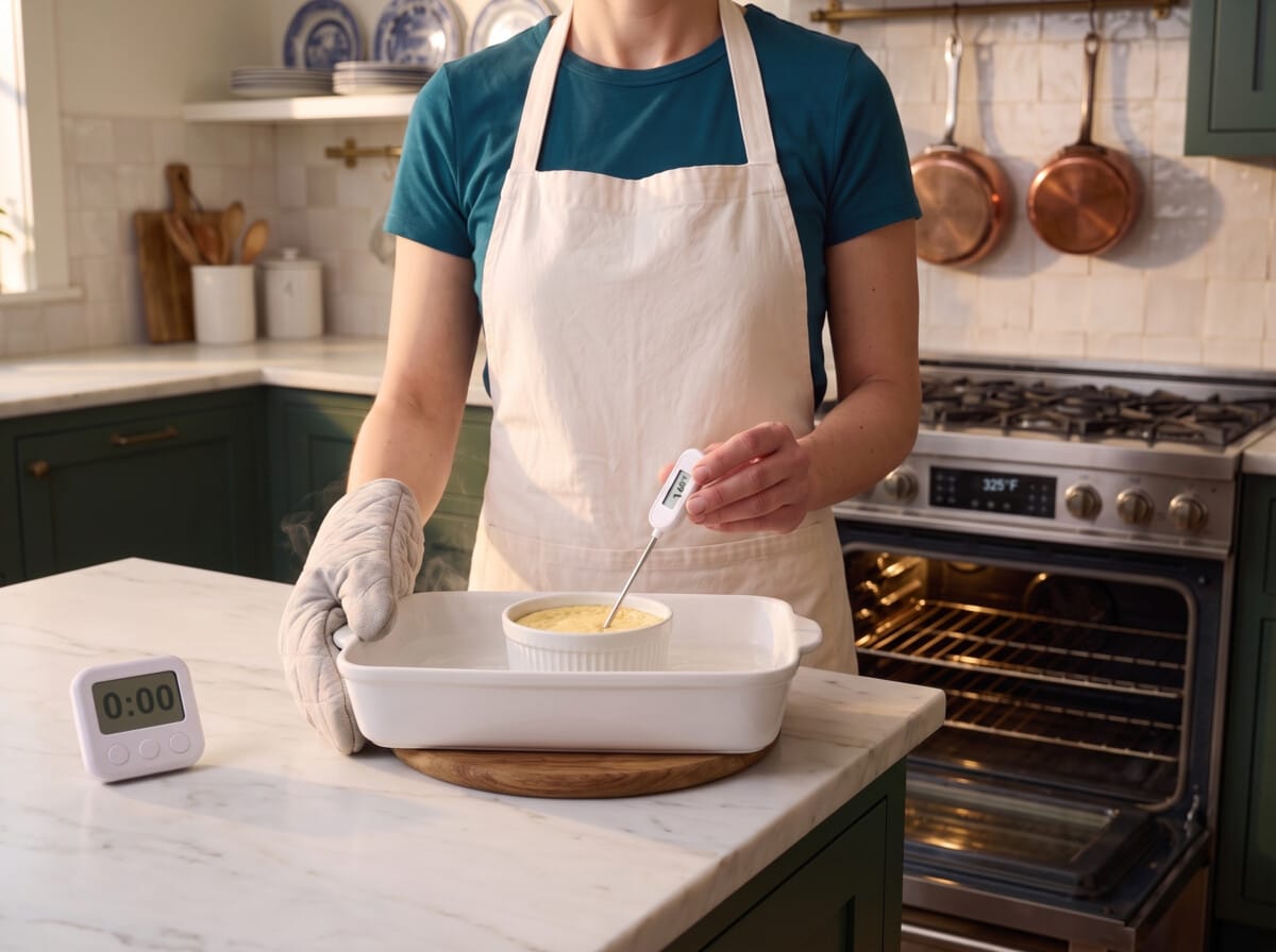Step 5: checking the baked custard with an instant-read thermometer, the oven open behind