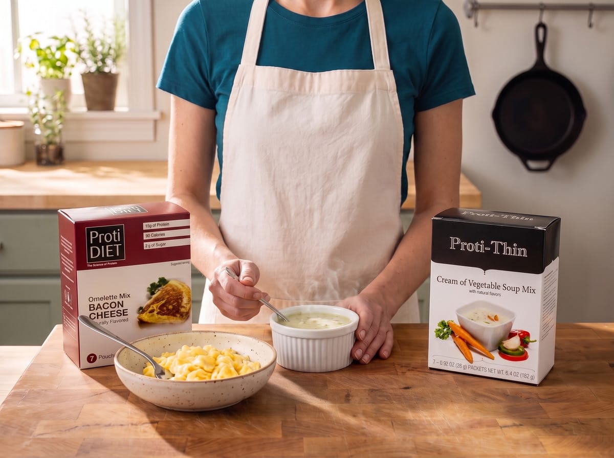 A bowl of soft scrambled eggs with a ramekin of creamy vegetable sauce, beside ProtiDiet and Proti-Thin boxes
