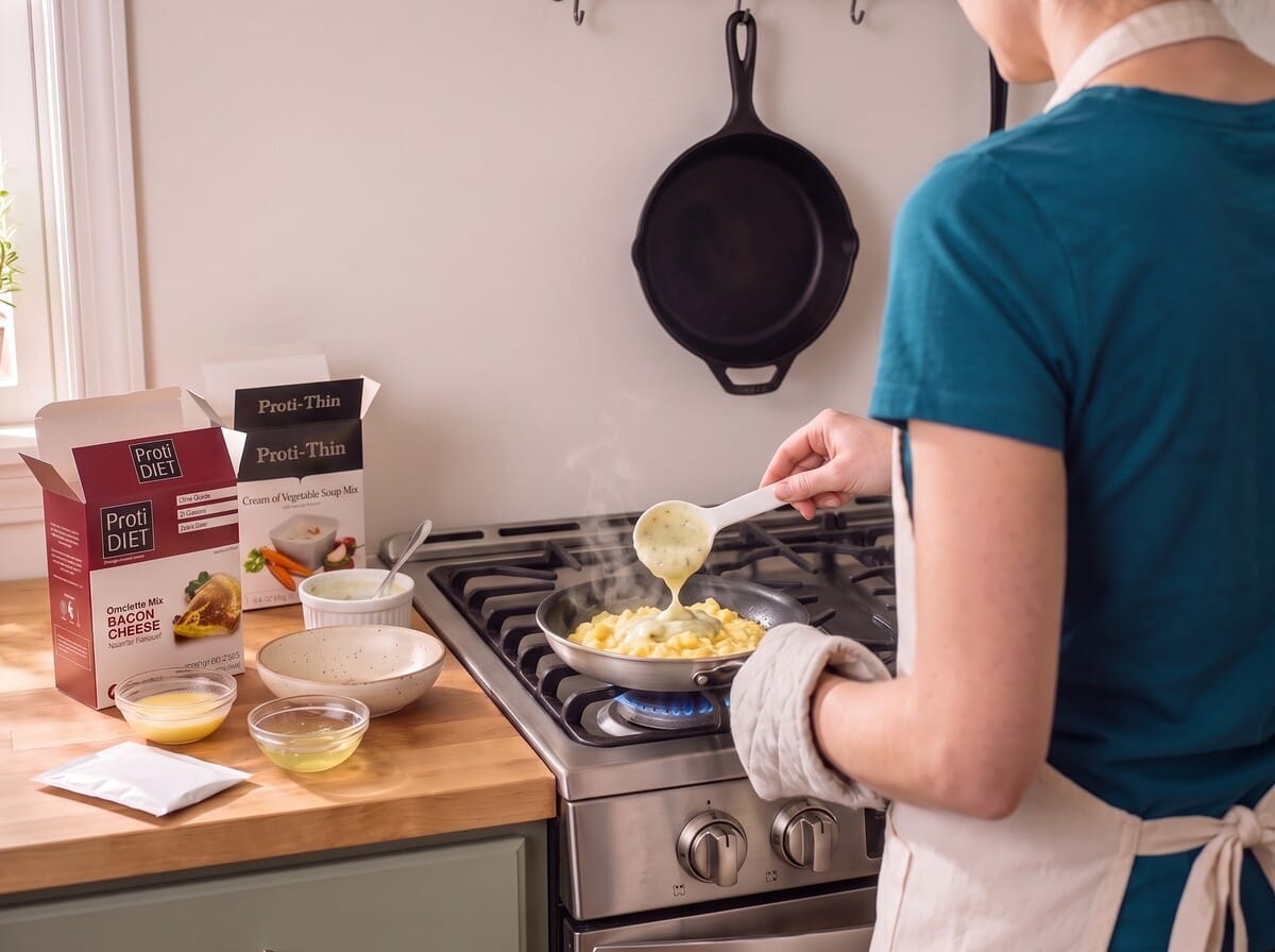 Step 3: spooning thick vegetable sauce into the scrambled eggs in the pan