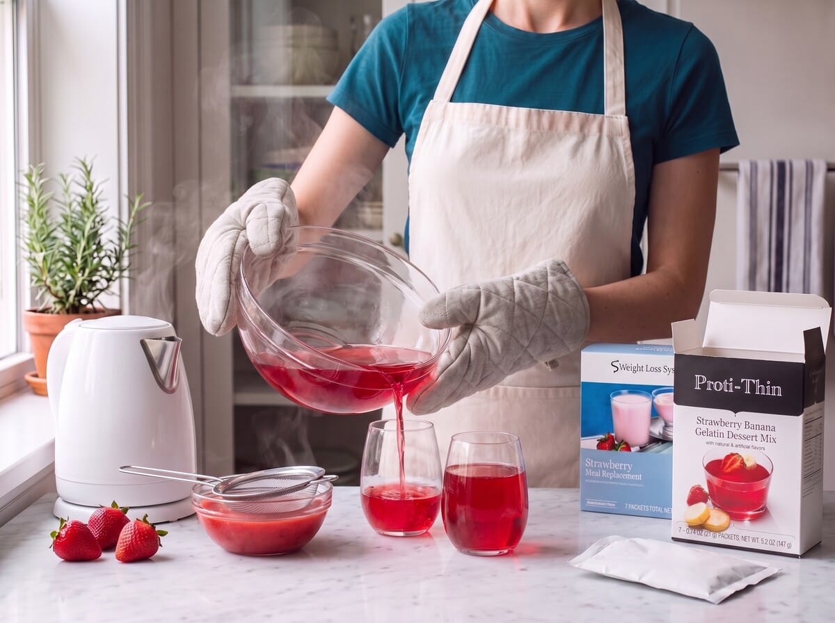 Step 2: pouring the warm red gelatin into two clear glasses