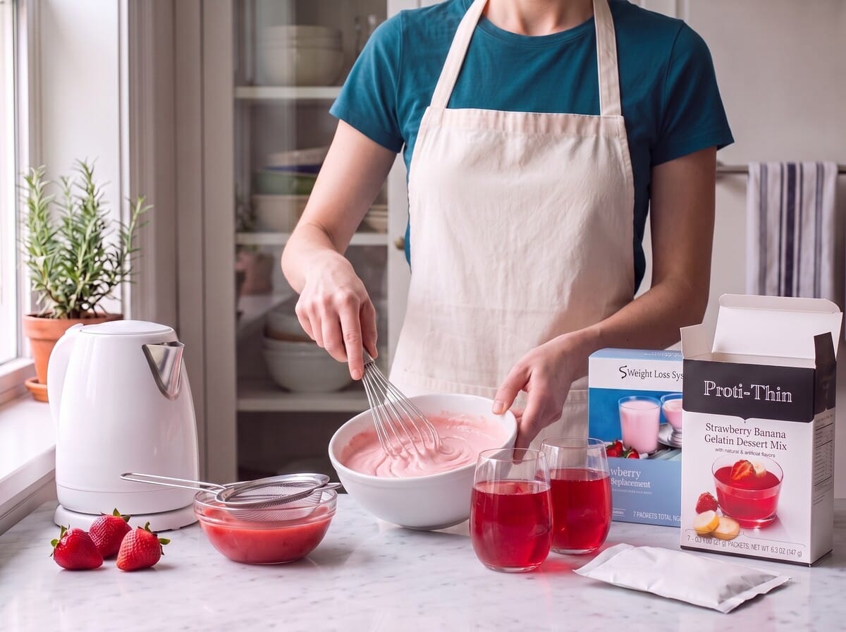 Step 3: whisking the strawberry pudding mix in a white bowl beside two glasses of set gelatin