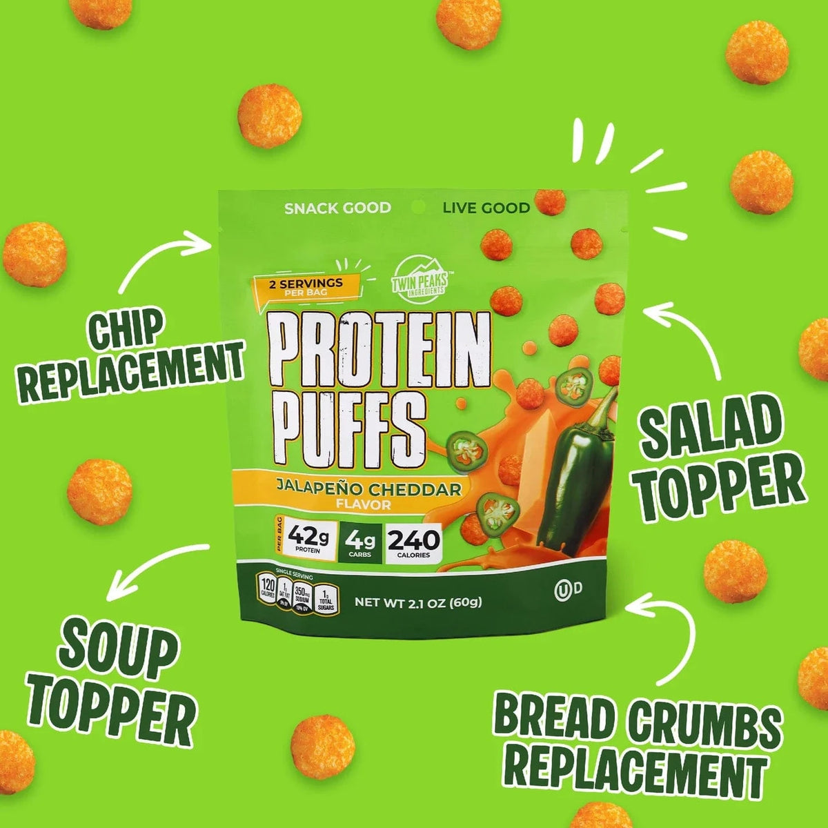 Twin Peaks Ingredients - Protein Puffs - Jalapeno Cheddar - 2 Serving Bag - Nashua Nutrition