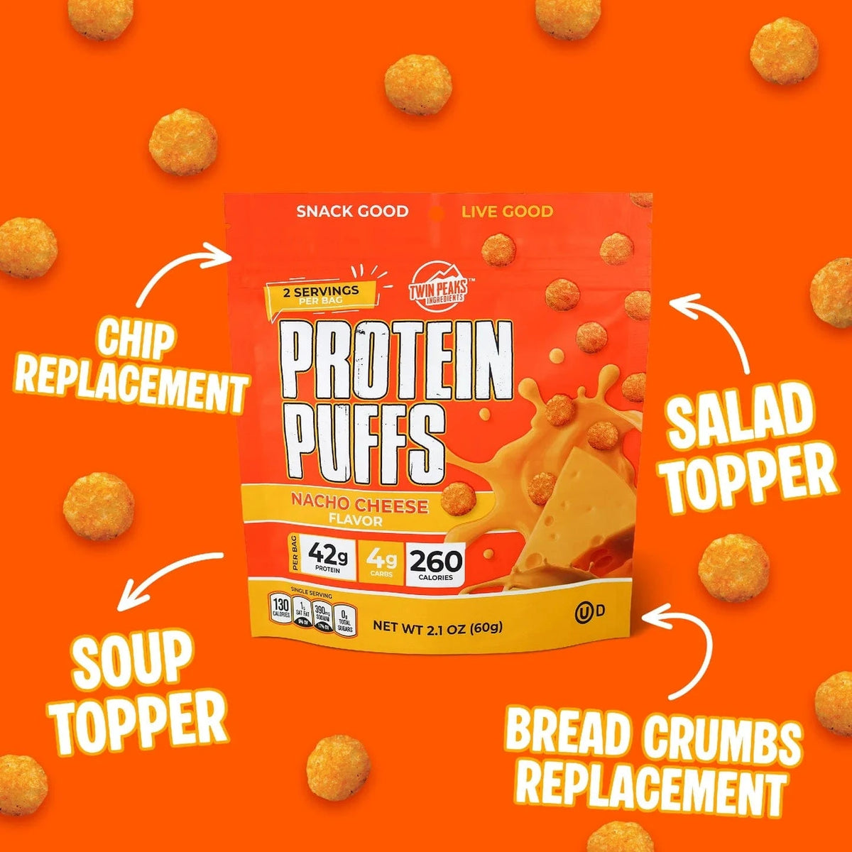Twin Peaks Ingredients - Protein Puffs - Nacho Cheese - 2 Serving Bag - Nashua Nutrition