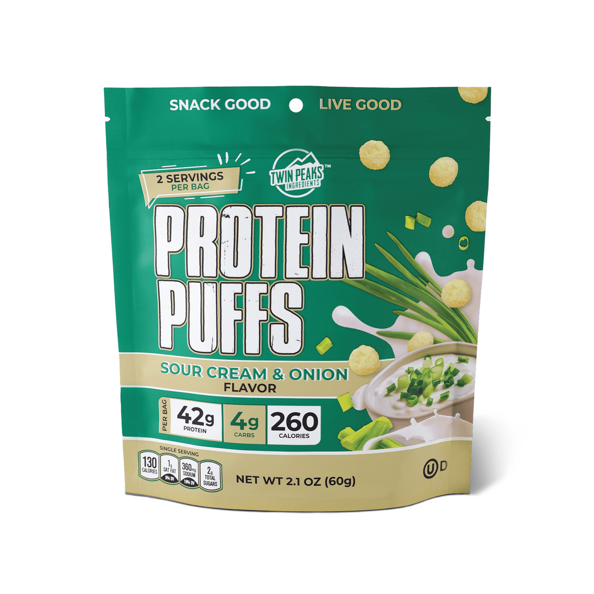 Twin Peaks Ingredients - Protein Puffs - Sour Cream & Onion - 2 Serving Bag - Nashua Nutrition