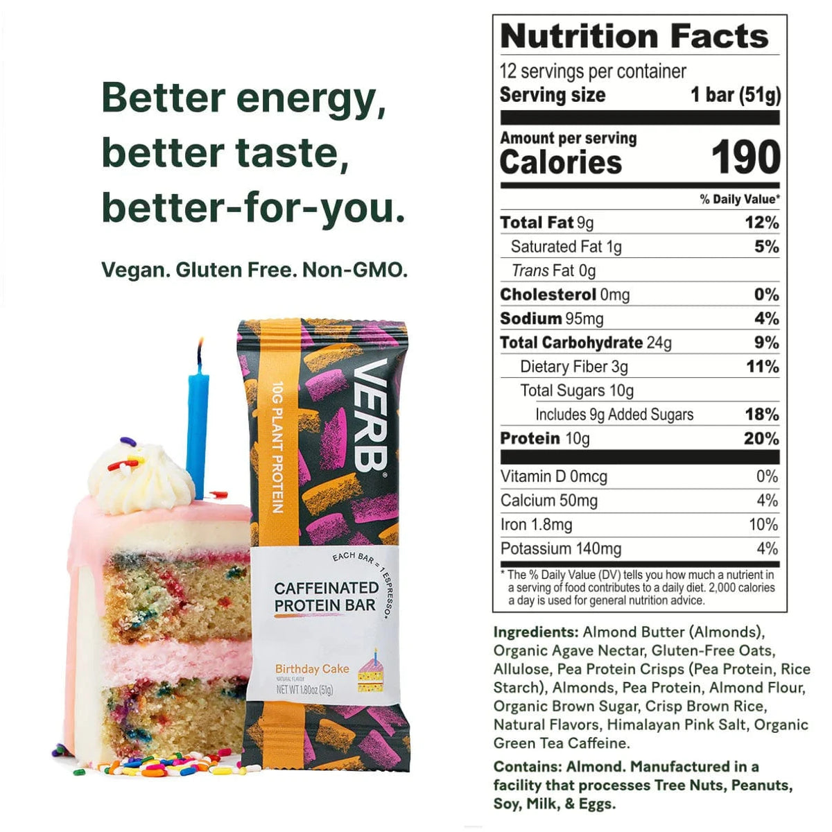 Verb - Caffeinated Protein Bar - Birthday Cake (12 Servings) - Nashua Nutrition