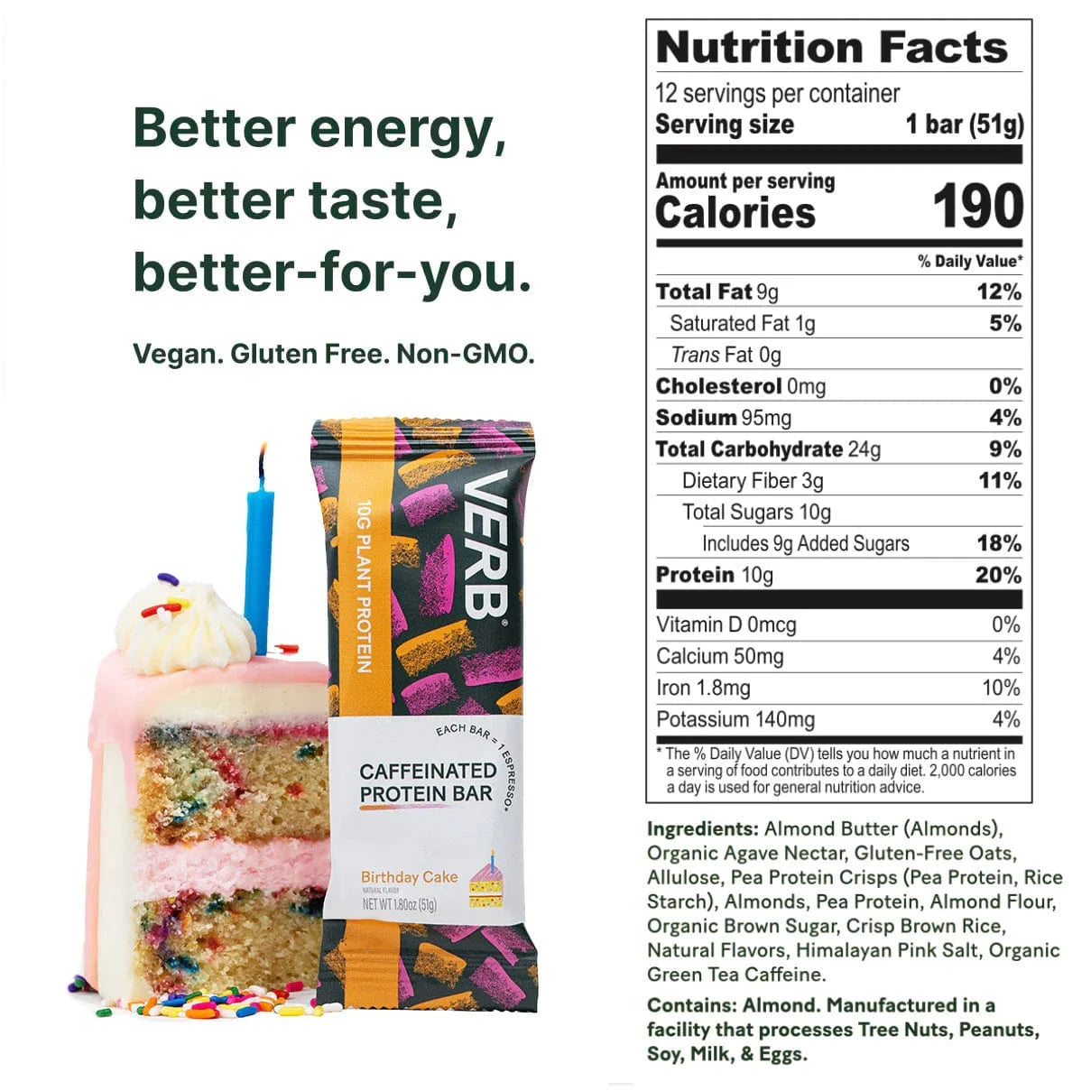 Verb - Caffeinated Protein Bar - Birthday Cake (12 Servings) - Nashua Nutrition